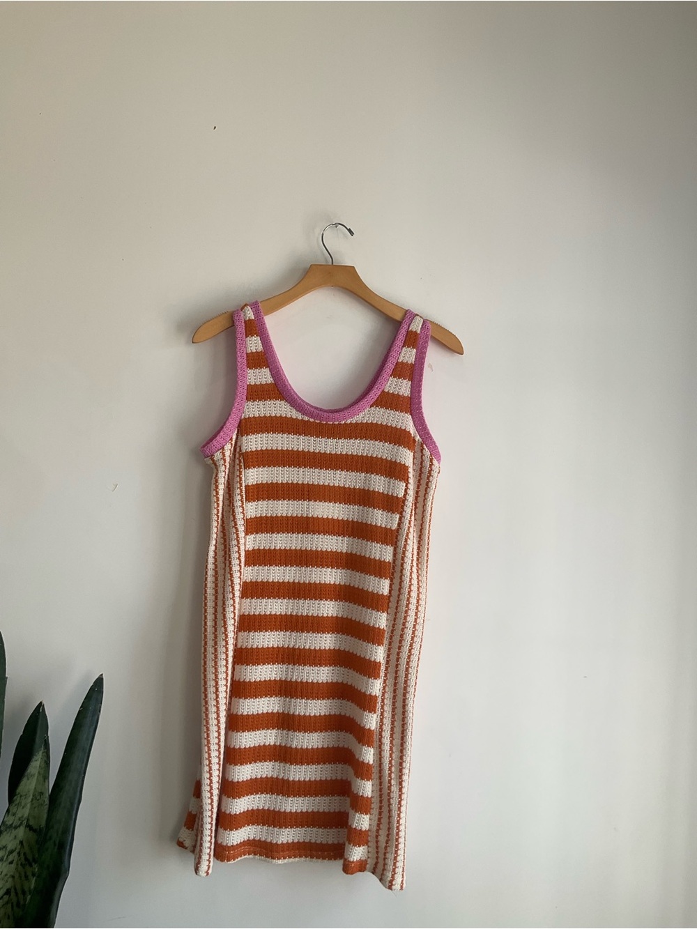 SOLID & STRIPED Orange and Cream Striped Knit Tank Dress with Pink Trim